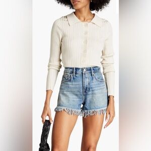 NEW GOOD AMERICAN Women’s Ribbed-Knit Polo Sweater in Ecru Sz 00/0